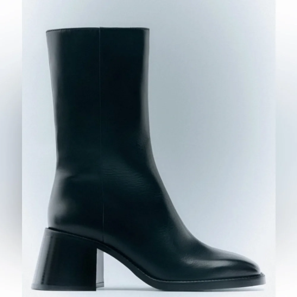 Limited Edition Zara Squared Heel Ankle Leather Boots - Picture 1 of 8
